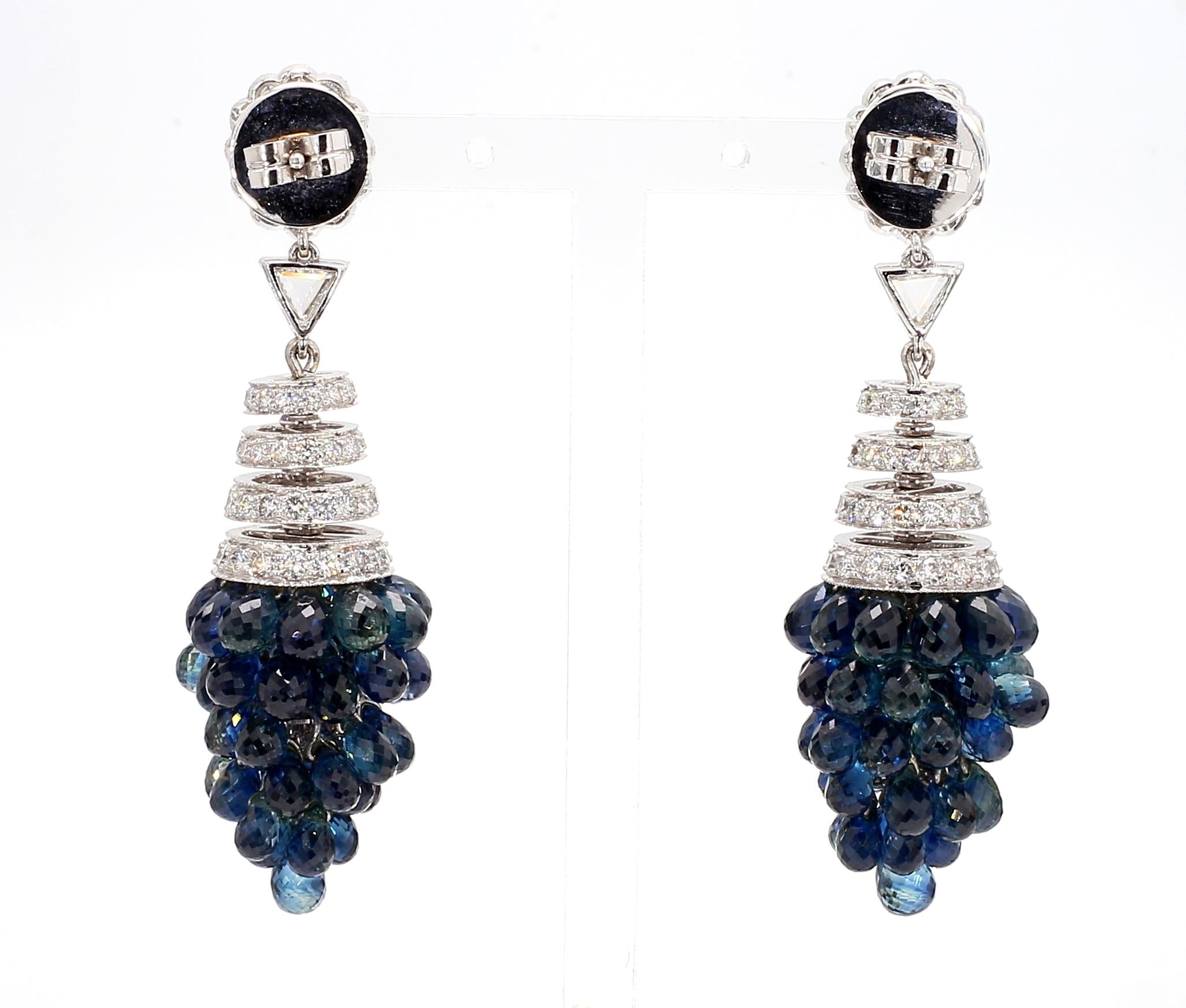 1.40 Carat Blue Sapphire and 8.4 Carat Diamond Cluster Drop Earrings in 18K Gold