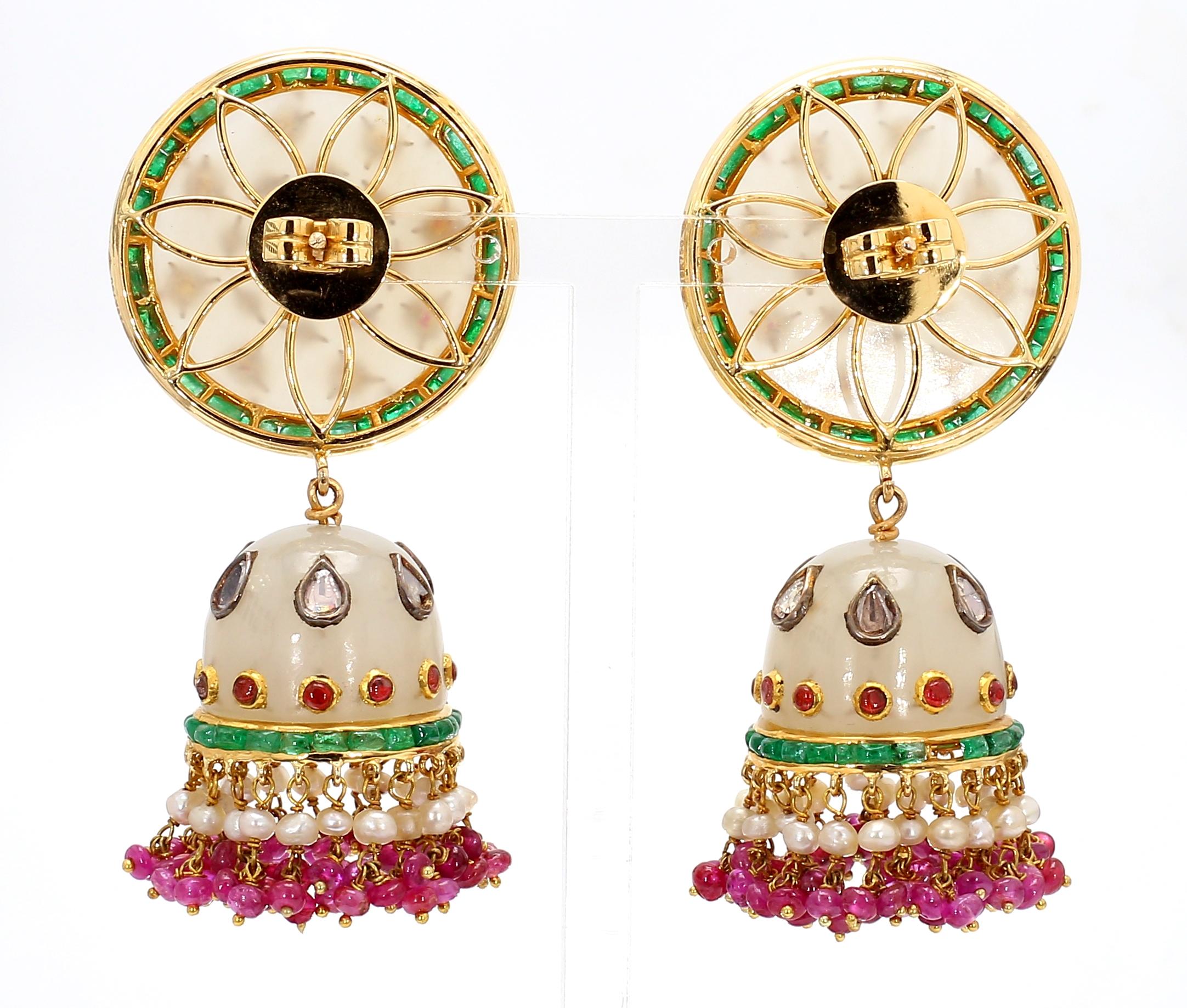 8.54 Carat Emerald, 2.40 Carat Ruby, and 1.00 Carat Diamond Old Persian Earrings