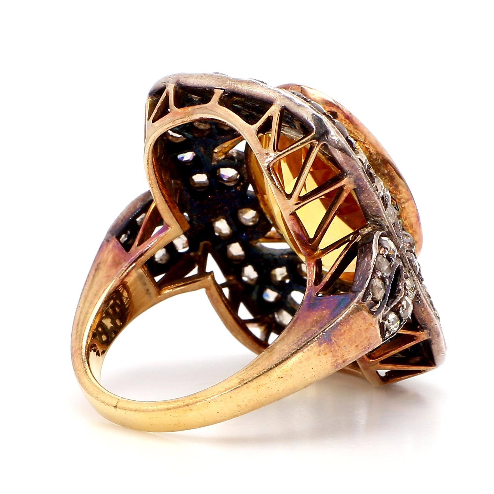 Antique 18k Gold Ring with 12.9ct Citrine and 1.4ct Diamonds