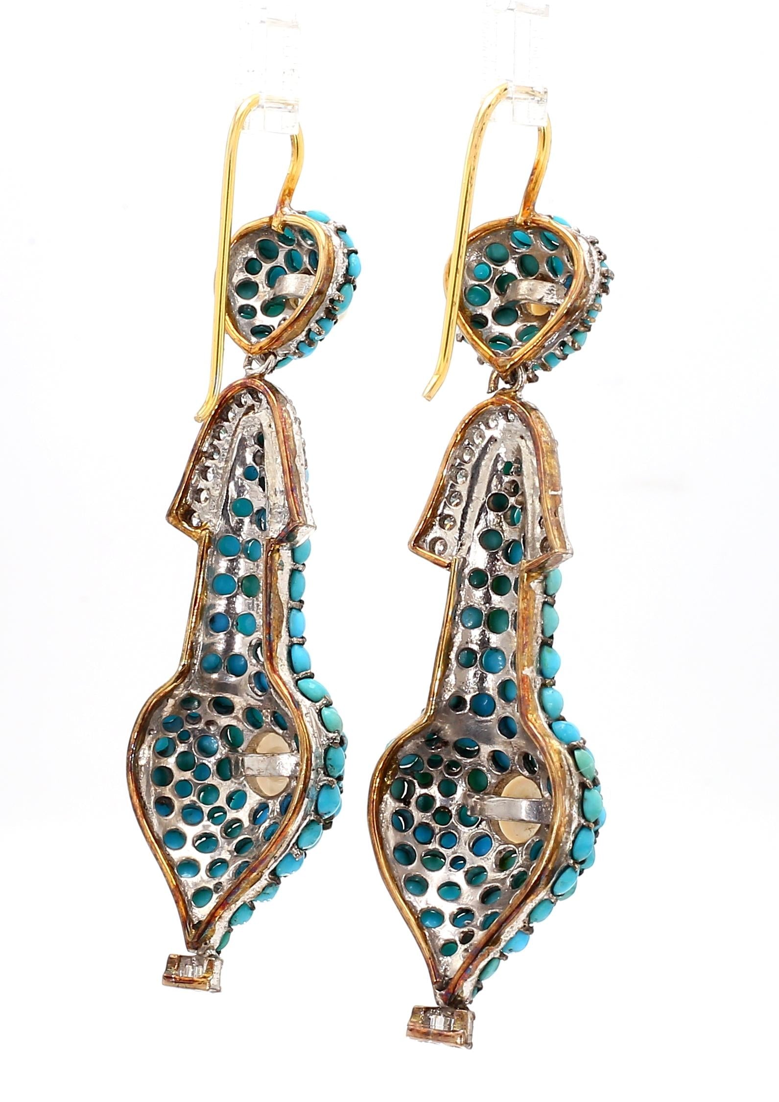 1.74 Carat Diamond, Turquoise, and Pearl Drop Earrings in 18K Gold