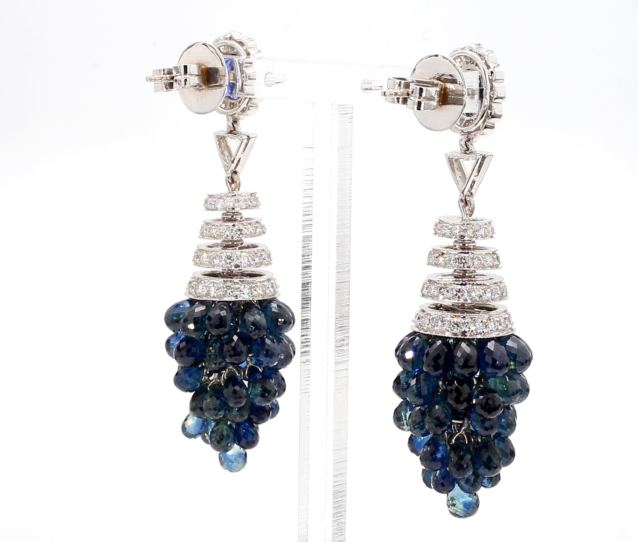 1.40 Carat Blue Sapphire and 8.4 Carat Diamond Cluster Drop Earrings in 18K Gold