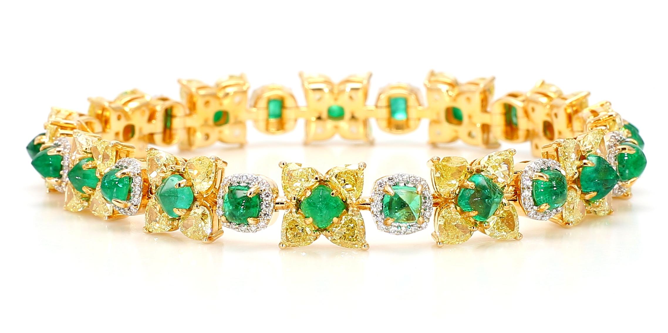 Natural Fancy 11.24 Carat Yellow Diamonds 8.18 Carat Columbian Emerald Bracelet