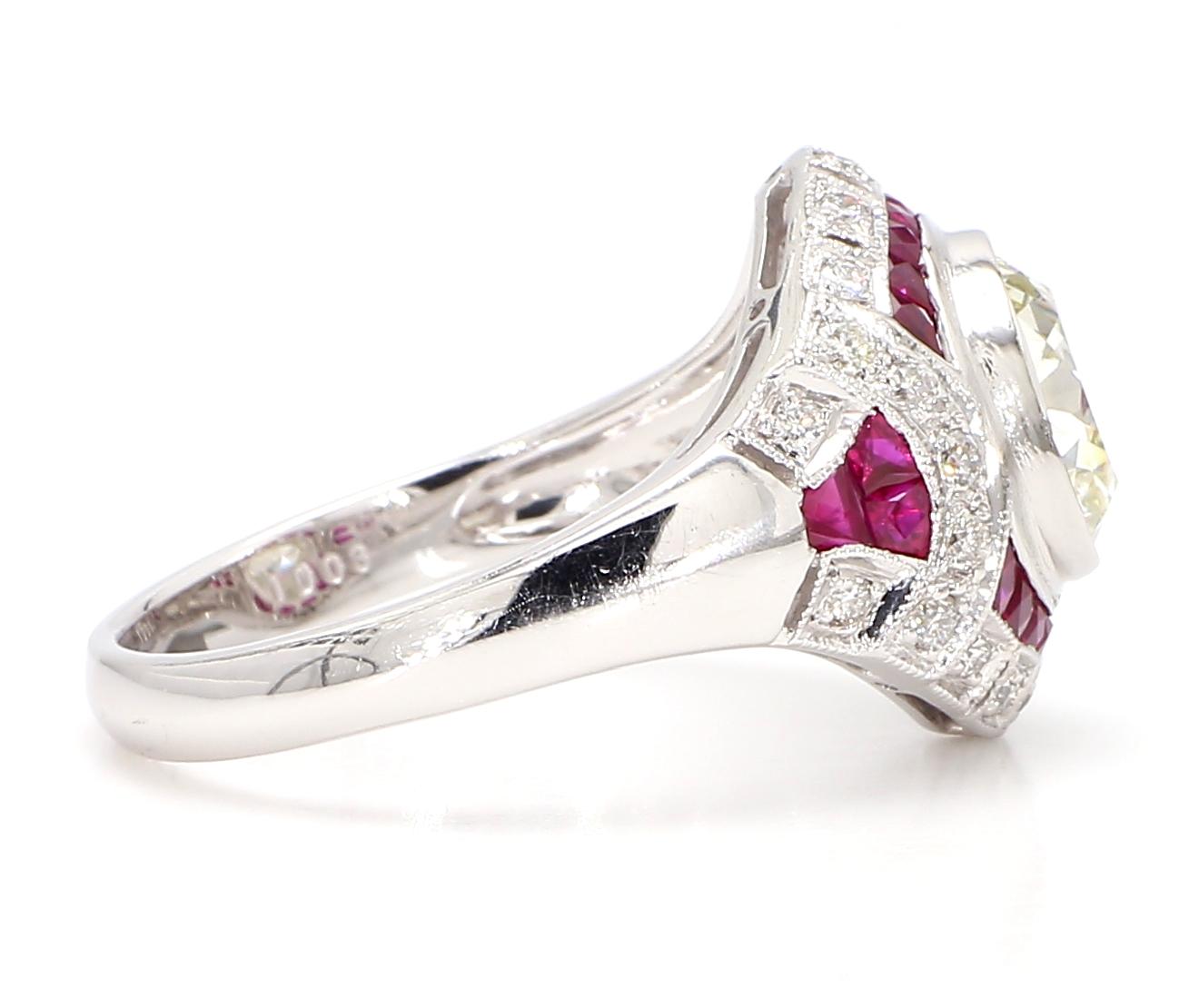 GIA Certified 2.56 Carat Diamond and 1.15 Carat Ruby Art Deco Platinum Ring