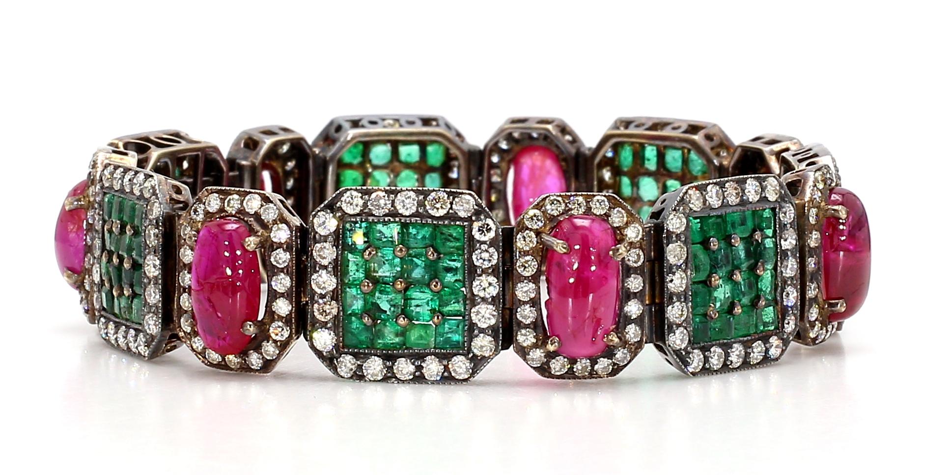 Emerald Ruby and Diamond Deco Style Bracelet