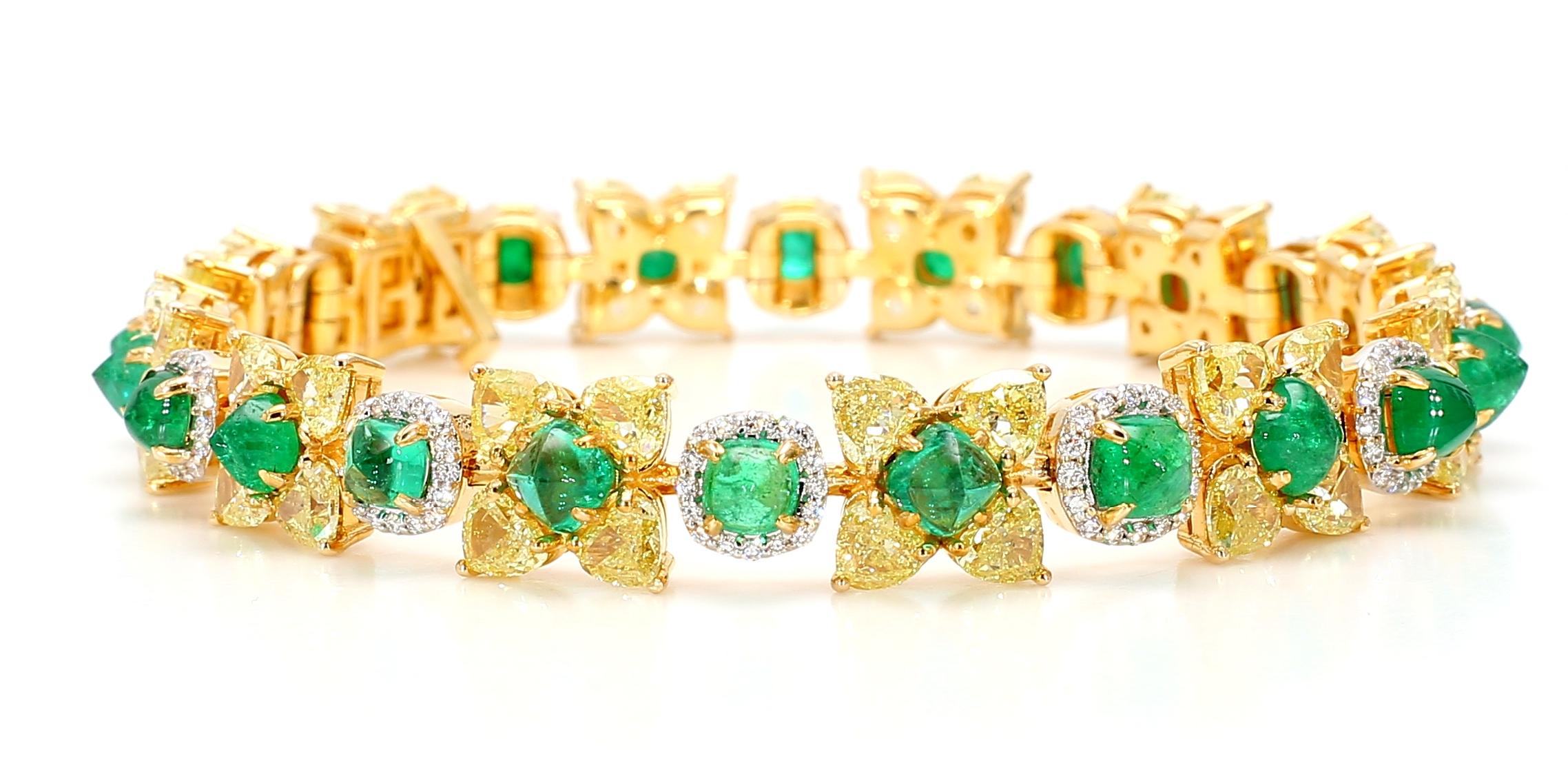 Natural Fancy 11.24 Carat Yellow Diamonds 8.18 Carat Columbian Emerald Bracelet