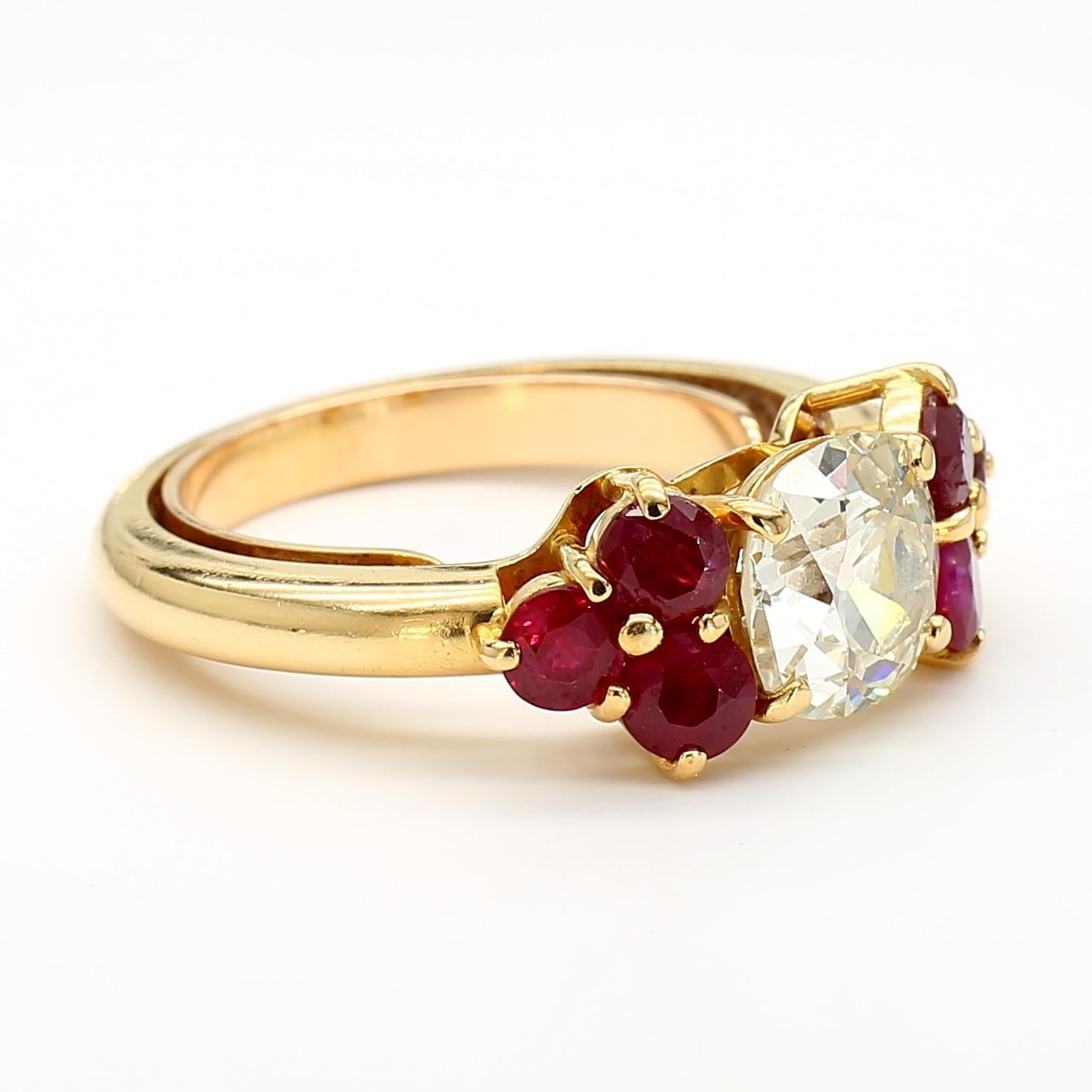 1.70 Carat Old Euro Diamond and Ruby 18K Gold Ring 7.60 Gram