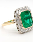 AGL Certified Columbian Square-Cut Emerald and Diamond Halo Ring