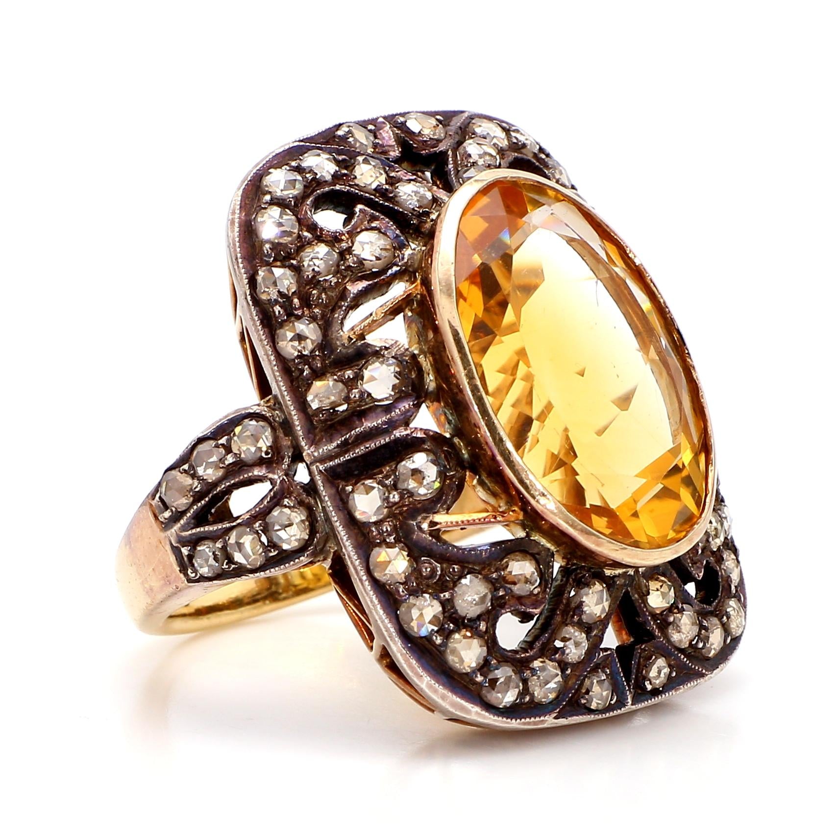 Antique 18k Gold Ring with 12.9ct Citrine and 1.4ct Diamonds