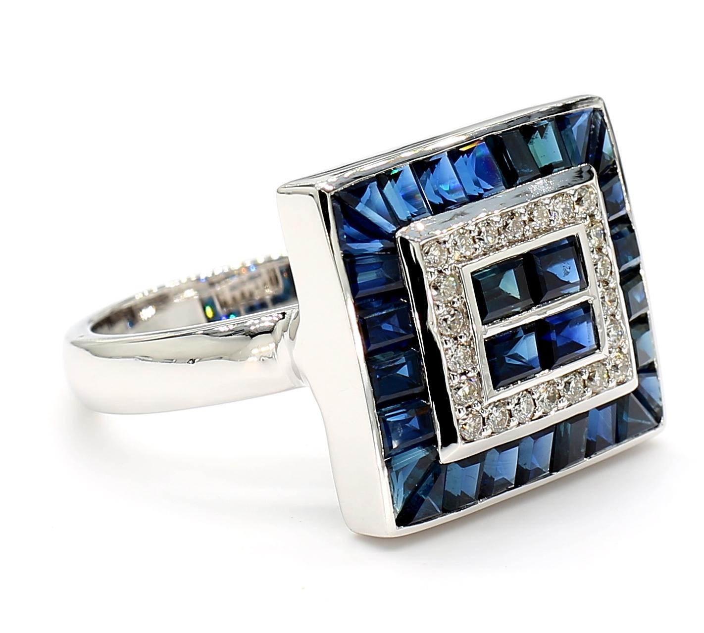 Blue Sapphire Diamond Sqaure Ring
