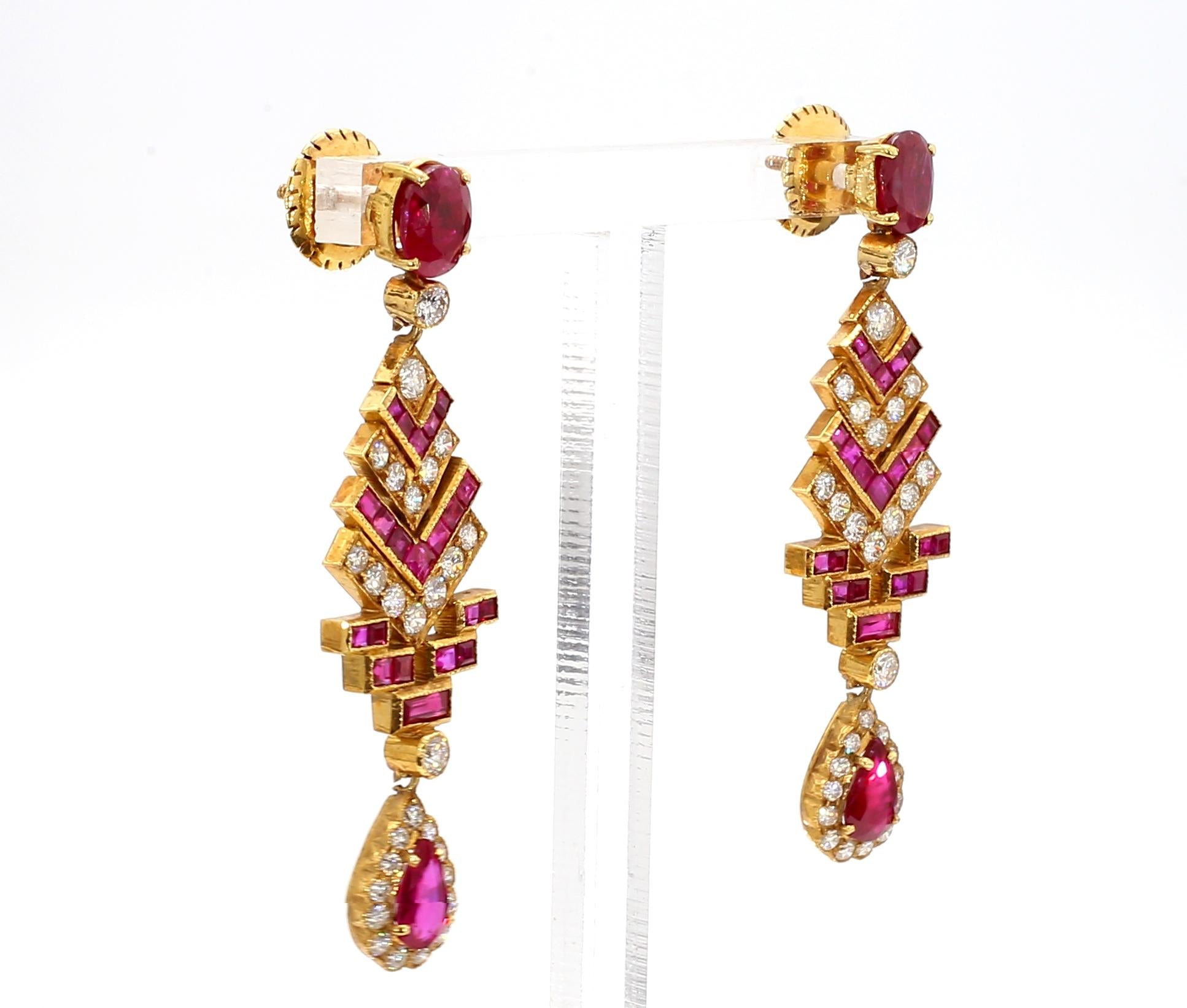 4 Carat Ruby and 3 Carat Diamond Art Deco Style 14K Earrings