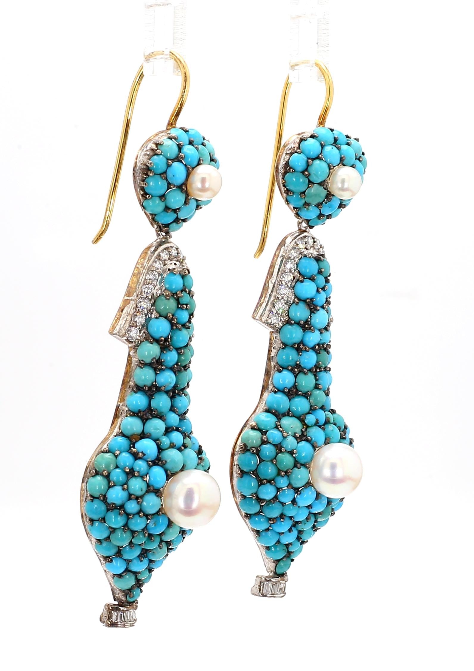 1.74 Carat Diamond, Turquoise, and Pearl Drop Earrings in 18K Gold