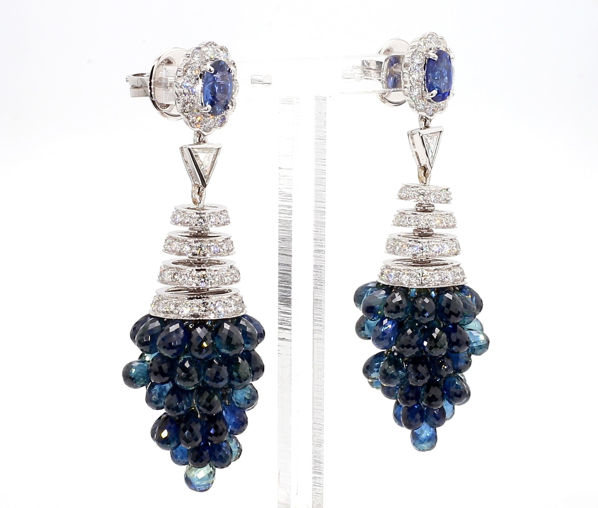 1.40 Carat Blue Sapphire and 8.4 Carat Diamond Cluster Drop Earrings in 18K Gold