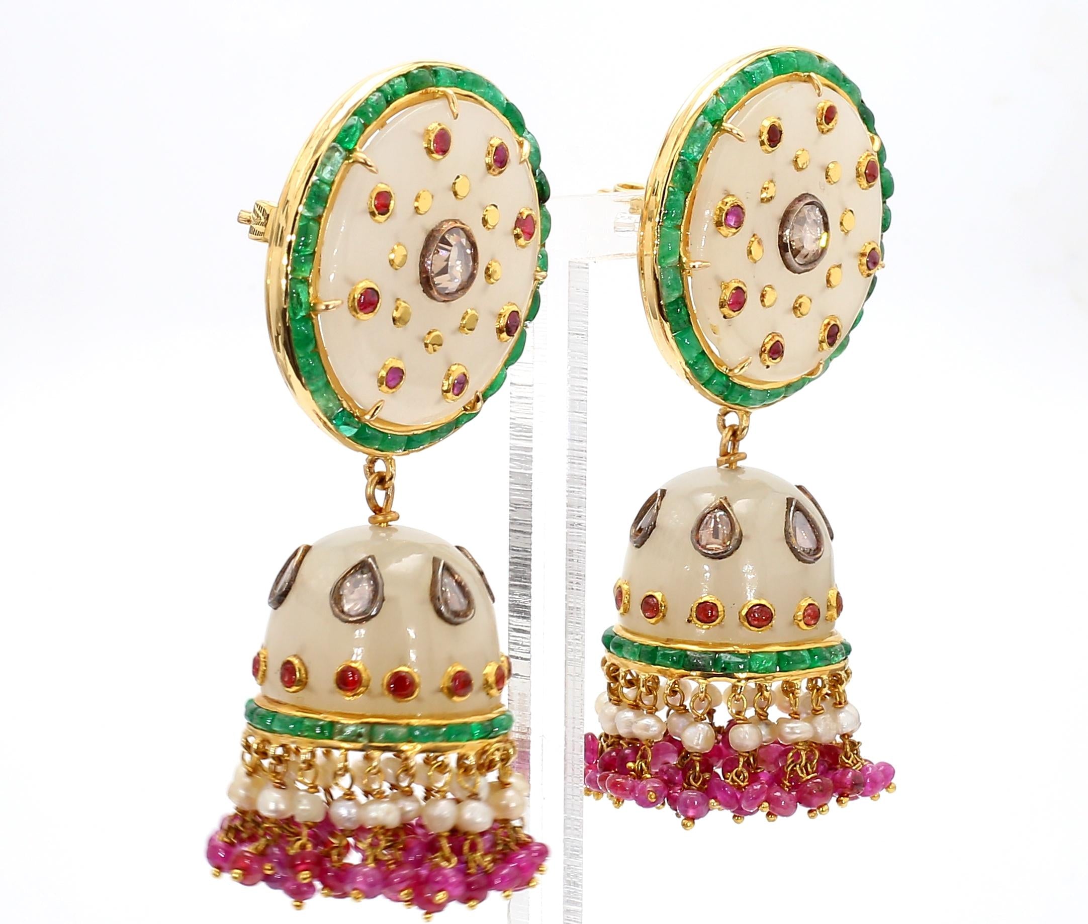 8.54 Carat Emerald, 2.40 Carat Ruby, and 1.00 Carat Diamond Old Persian Earrings