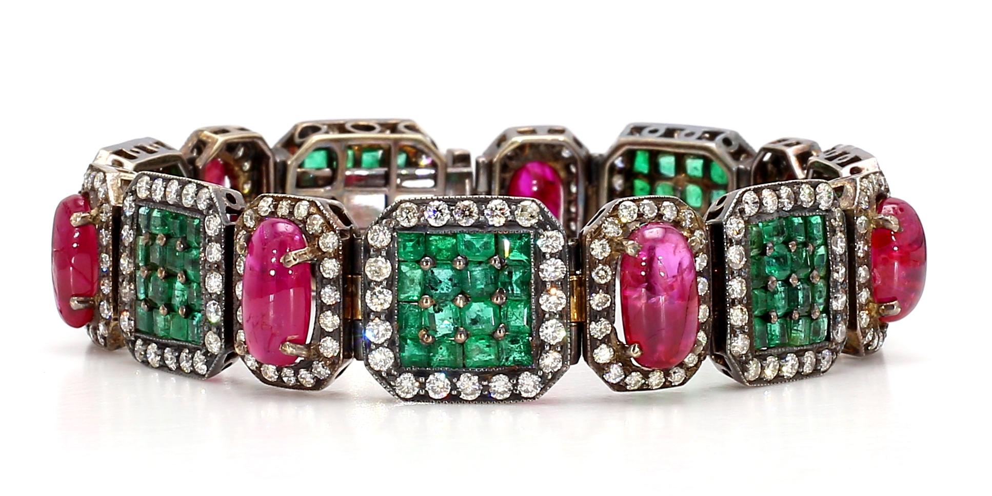 Emerald Ruby and Diamond Deco Style Bracelet