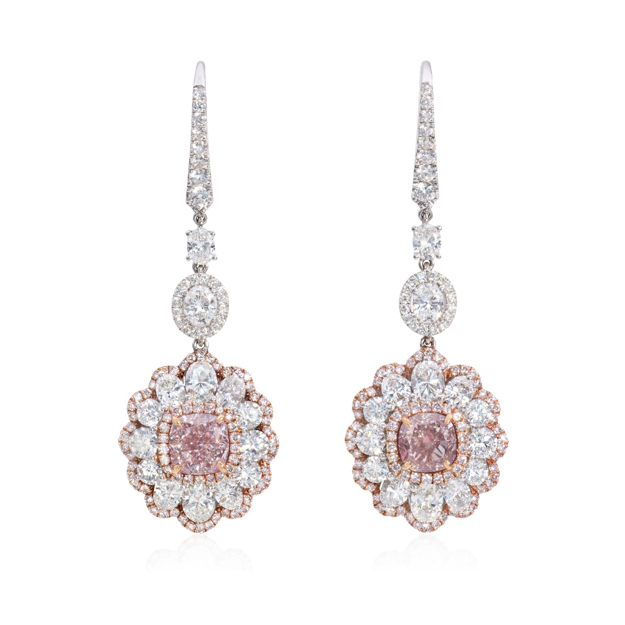 Certified 1 carat very light pink & white diamond Drop earrings in 18K Gold