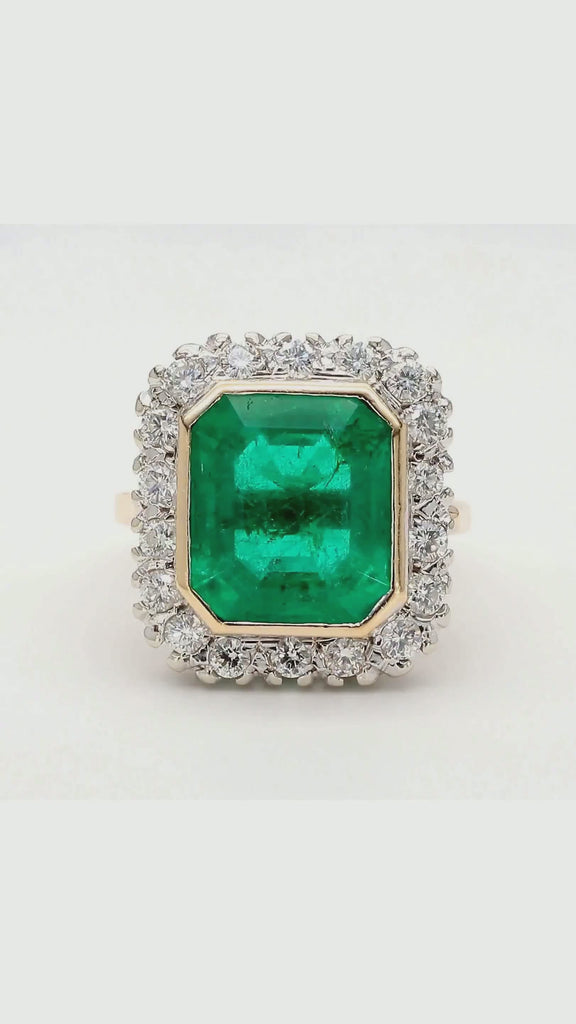 AGL Certified Columbian Square-Cut Emerald and Diamond Halo Ring