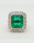 AGL Certified Columbian Square-Cut Emerald and Diamond Halo Ring