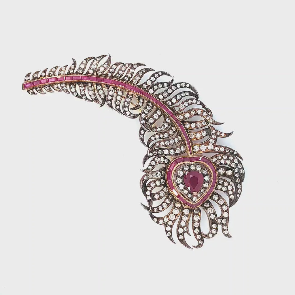 Edwardiand Diamond Feather Brooch with 2.61ct Pear Ruby & 5.61ct Diamonds