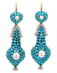 1.74 Carat Diamond, Turquoise, and Pearl Drop Earrings in 18K Gold