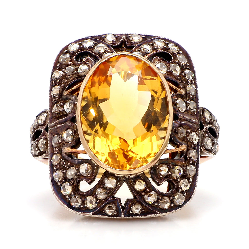 Antique 18k Gold Ring with 12.9ct Citrine and 1.4ct Diamonds