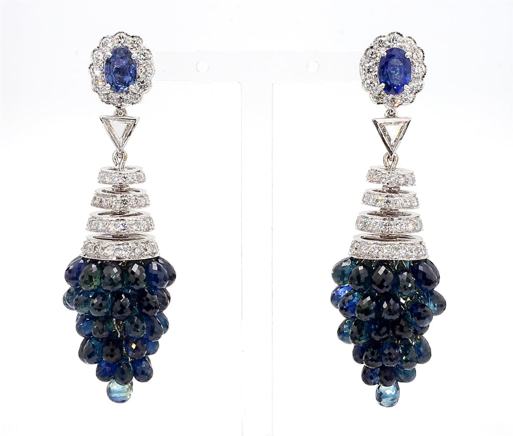 1.40 Carat Blue Sapphire and 8.4 Carat Diamond Cluster Drop Earrings in 18K Gold