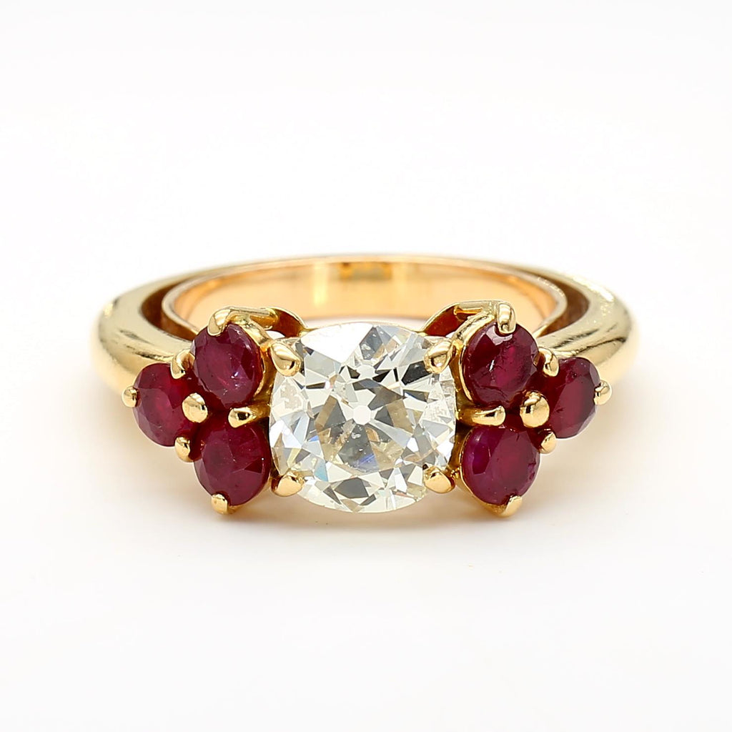 1.70 Carat Old Euro Diamond and Ruby 18K Gold Ring 7.60 Gram