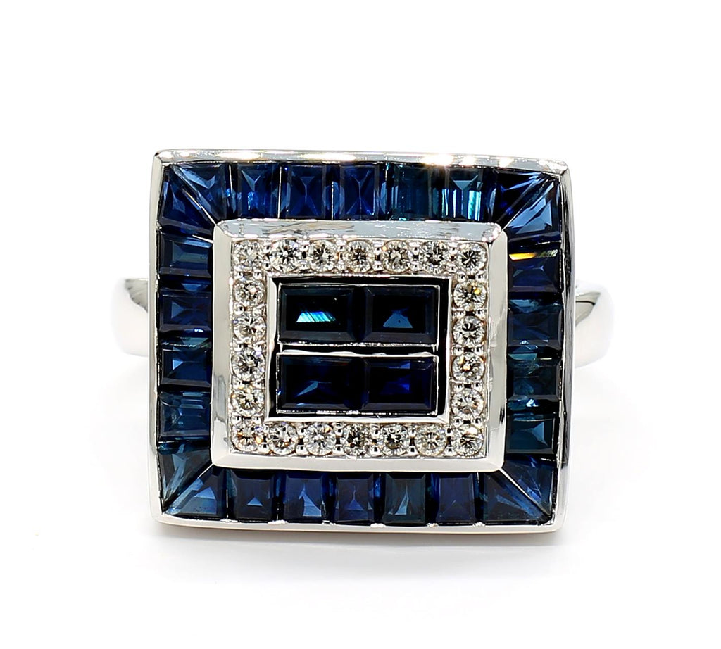Blue Sapphire Diamond Sqaure Ring
