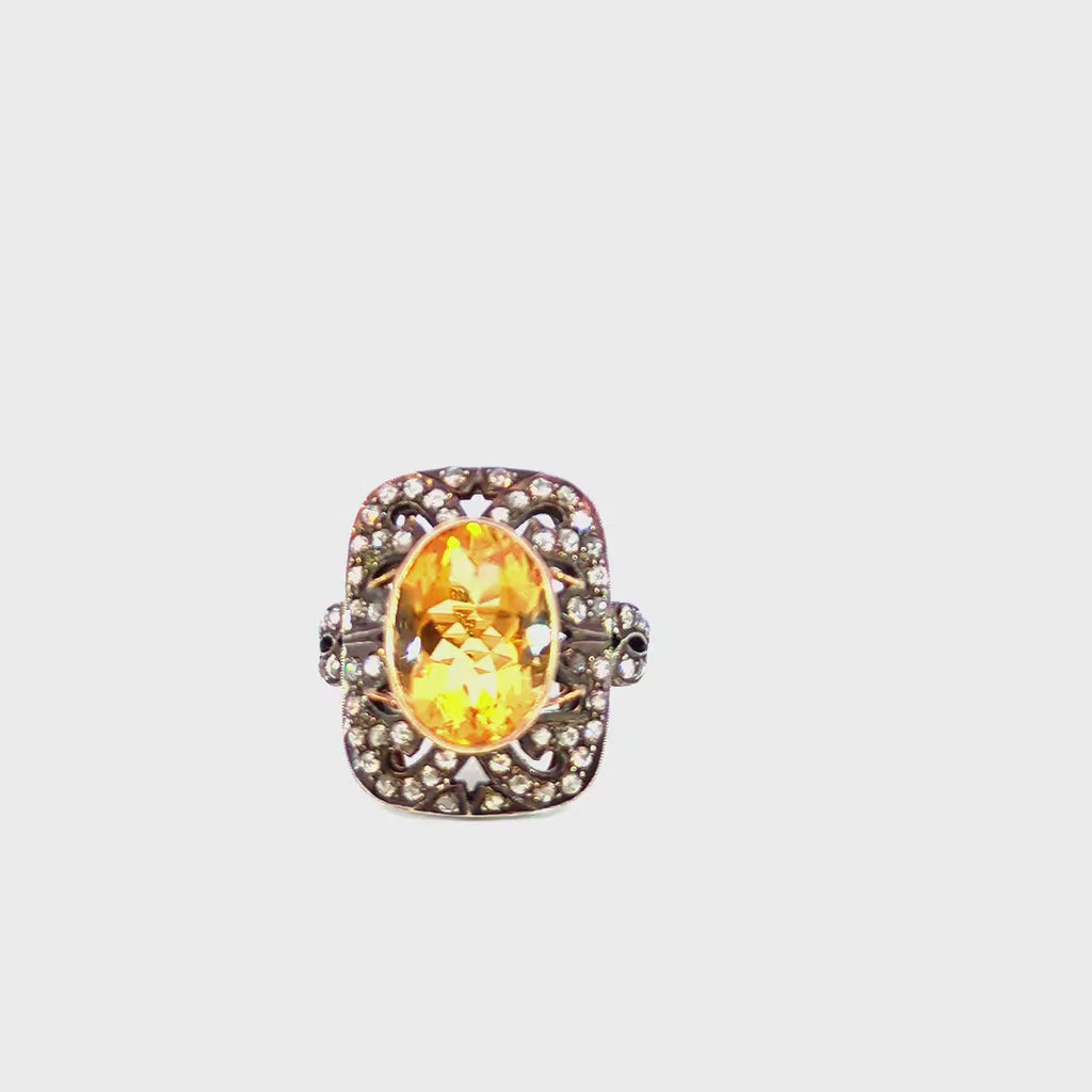12.90 Carat Antique Oval Yellow Sapphire Diamond Ring in 18K Gold, Size 8