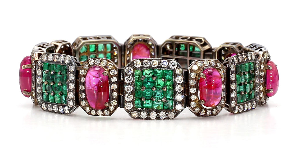 Emerald Ruby and Diamond Deco Style Bracelet