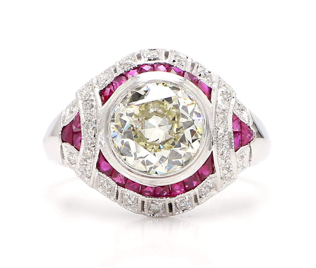 GIA Certified 2.56 Carat Diamond and 1.15 Carat Ruby Art Deco Platinum Ring