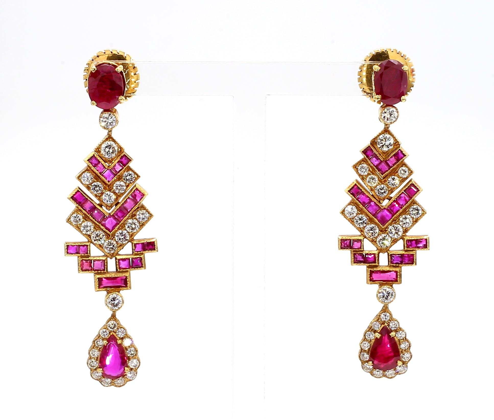 4 Carat Ruby and 3 Carat Diamond Art Deco Style 14K Earrings