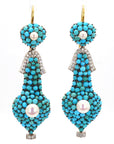 1.74 Carat Diamond, Turquoise, and Pearl Drop Earrings in 18K Gold