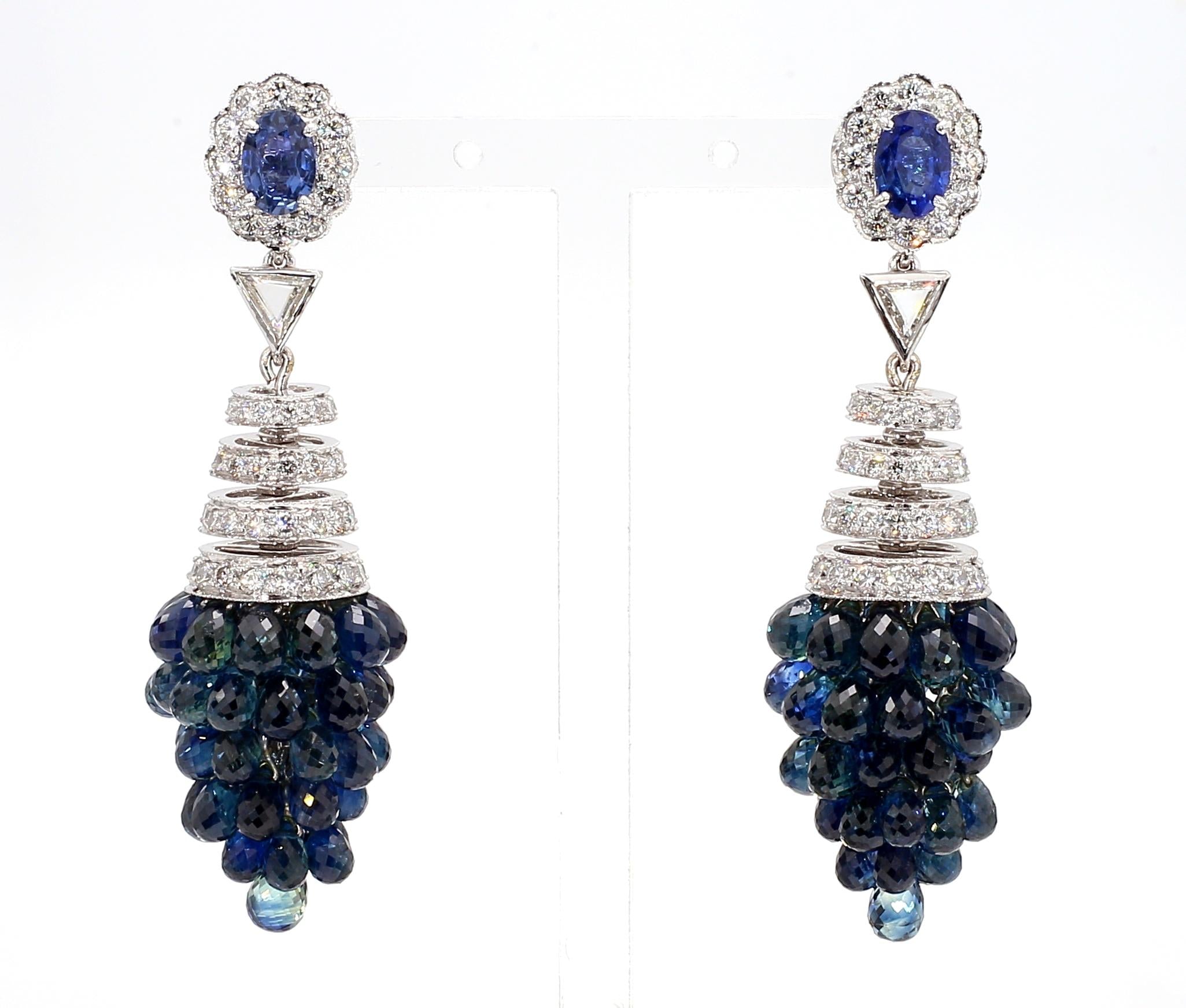 1.40 Carat Blue Sapphire and 8.4 Carat Diamond Cluster Drop Earrings in 18K Gold