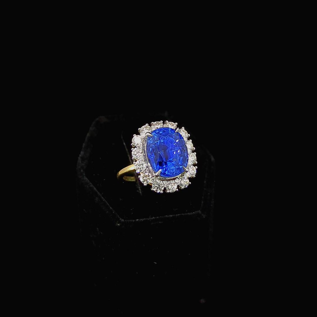 10.21 Carat Natural Blue Ceylon Sapphire Ring and Diamond Ring