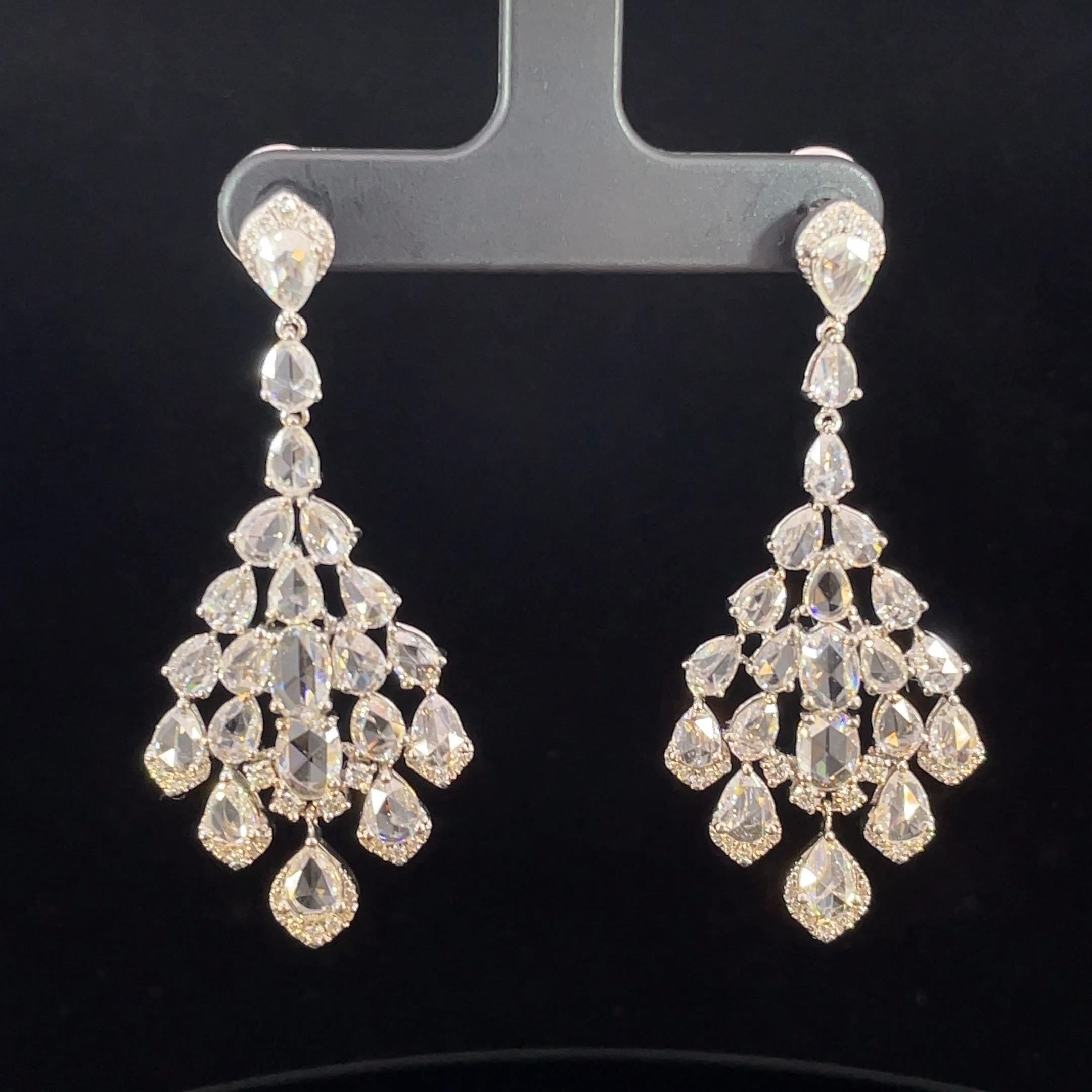 6.90 Carat Pear Rose Cut  Diamond Chandelier Drop 18K White Gold Earrings