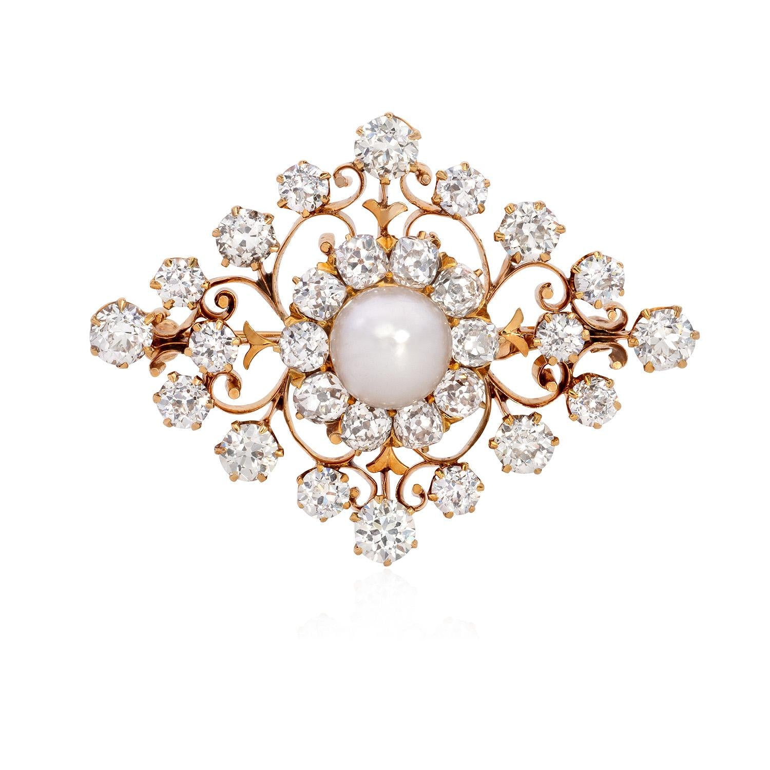 9.00 Carat Natural Pearl And Old European Cut Diamond Pin