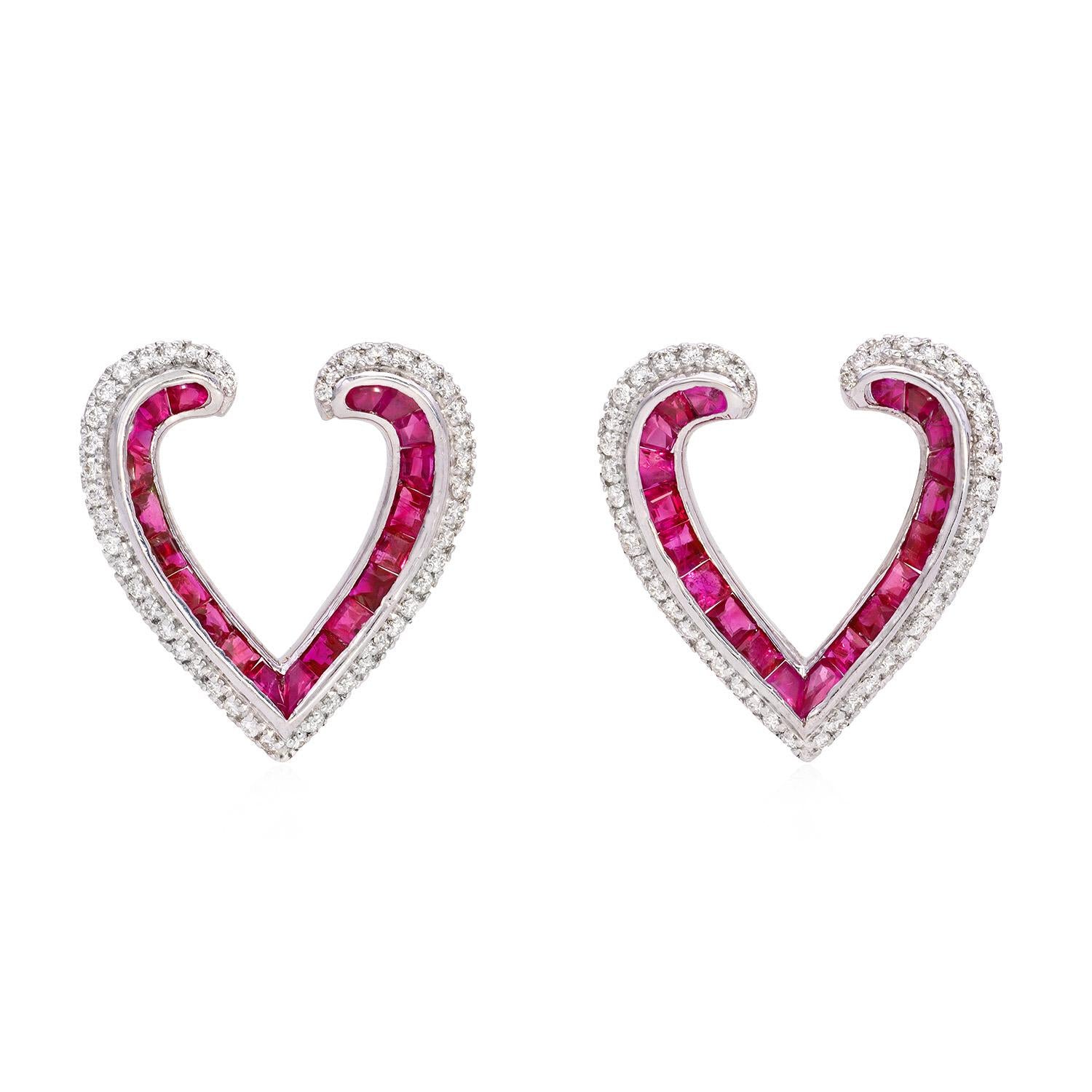 1.4 Carat Ruby and 0.71 Carat Diamond Heart Shaped Studs