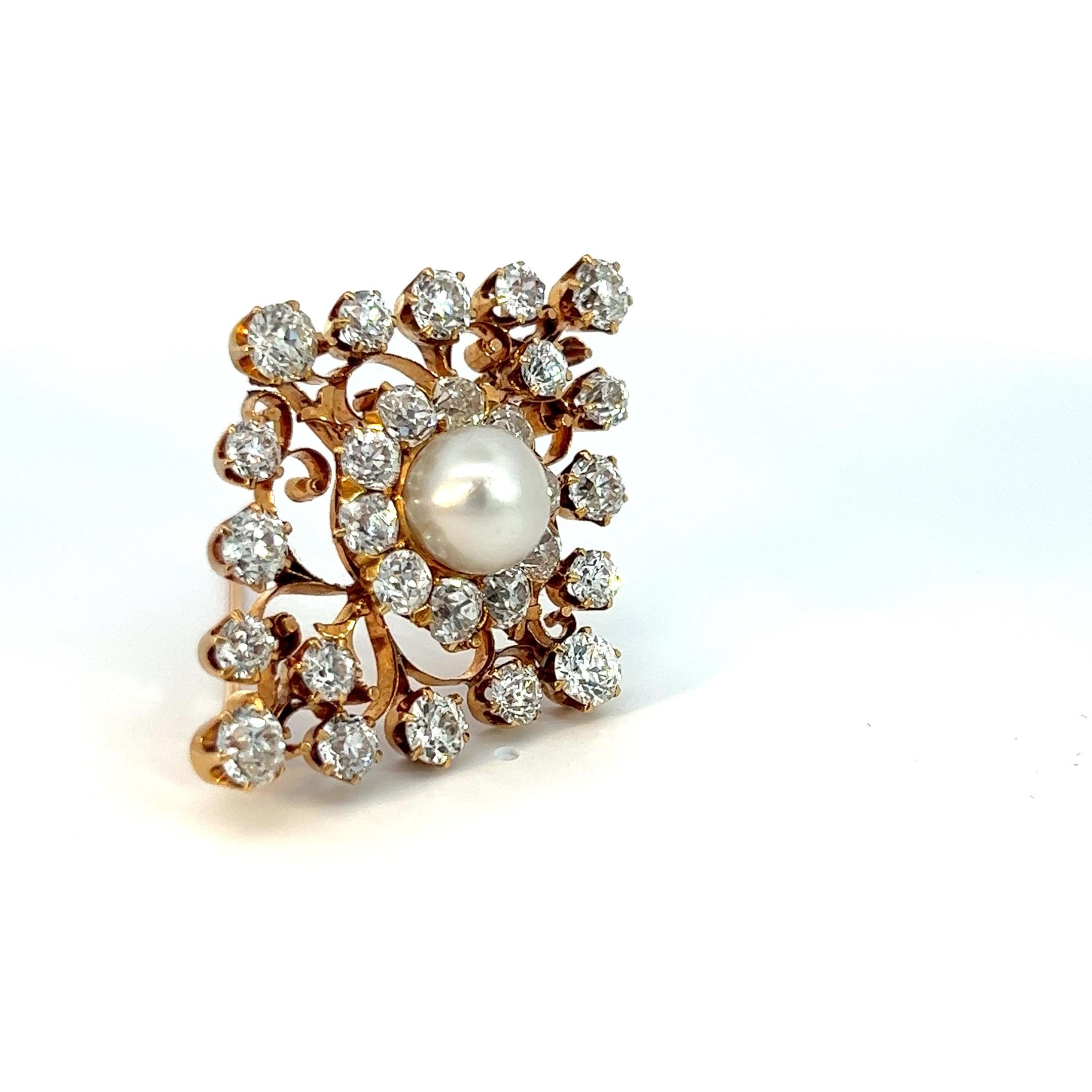 9.00 Carat Natural Pearl And Old European Cut Diamond Pin
