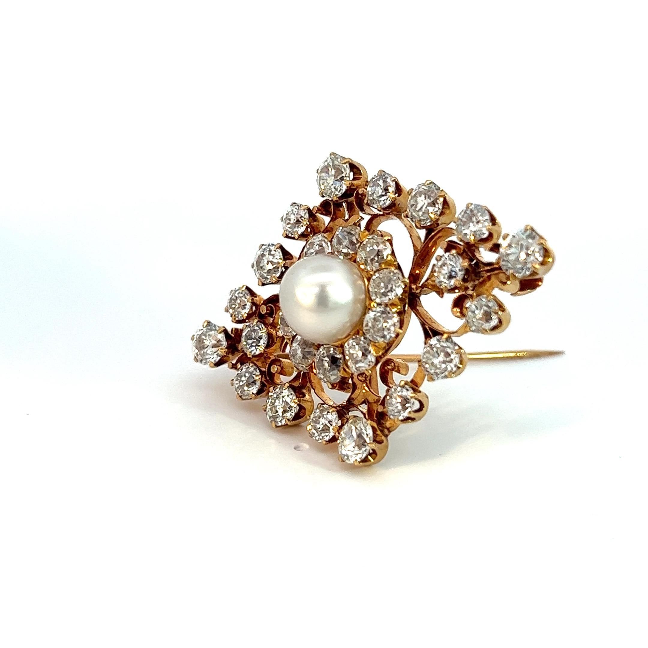 9.00 Carat Natural Pearl And Old European Cut Diamond Pin